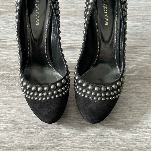 Sergio Rossi Black Suede Silver Studded Platform Pumps - Picture 6 of 13